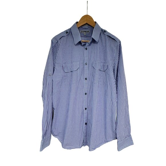 EXPRESS Men's Casual Button Down Shirt Large Fitted Blue Purple Plaid - Picture 1 of 7